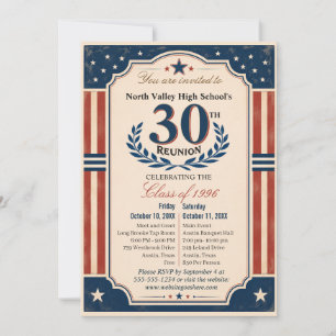 30th High School Class Reunion Americana Red White Invitation