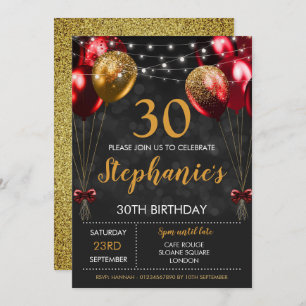 30th Invite Red Black Gold birthday Invitation