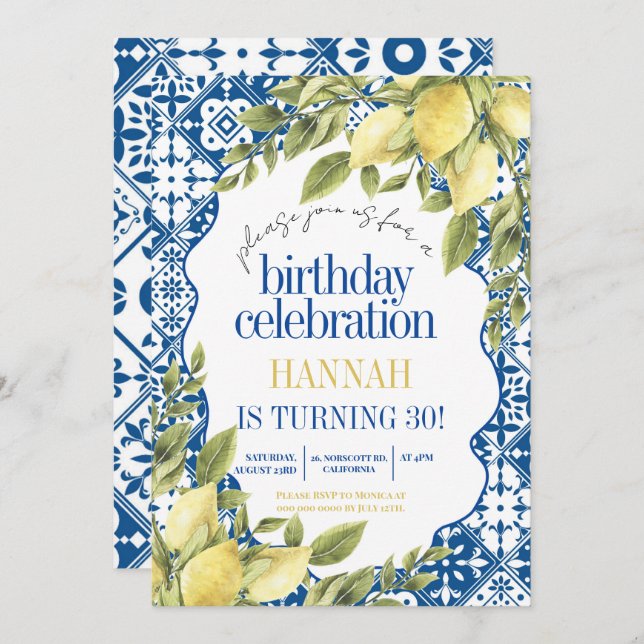 30th Mediterranean Italian Lemon Birthday Invitation (Front/Back)