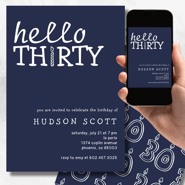  30th Mens Birthday Party Hello Thirty Navy Blue Invitation (Creator Uploaded)