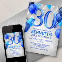 30th Mens Blue Birthday Invitation