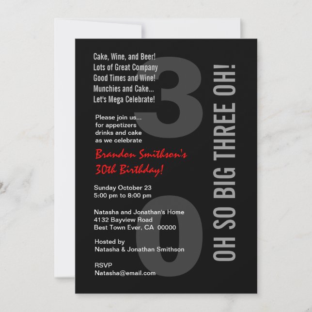 30th Modern Birthday Black White Red THREE OH! Invitation (Front)