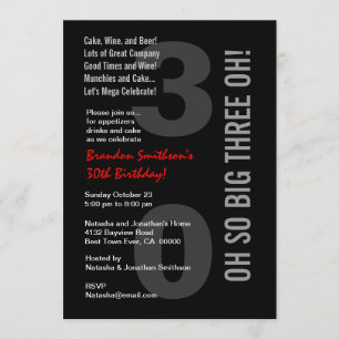 30th Modern Birthday Black White Red THREE OH! Invitation