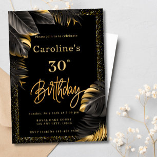 30th Modern Black & Gold Floral Glitter Birthday Invitation