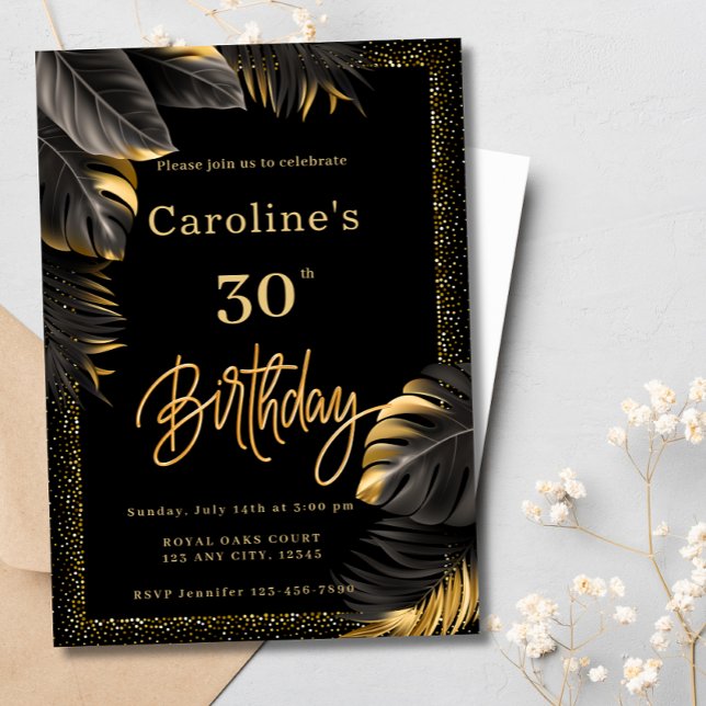30th Modern Black & Gold Floral Glitter Birthday Invitation (Creator Uploaded)