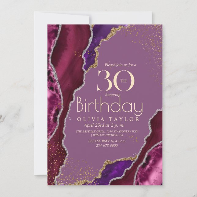 30th Modern Purple agate gold Birthday Party Invitation (Front)