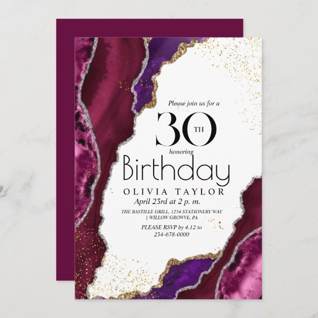 30th Modern Purple agate gold Birthday Party Invitation (Front/Back)