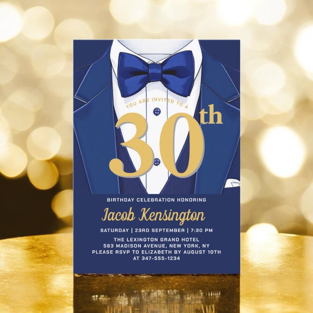 30th Navy Blue and Gold Tuxedo Birthday Event Invitation (Creator Uploaded)