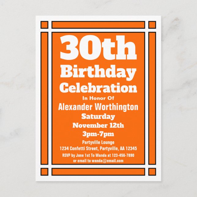 30th Orange Simple Birthday Invitation Postcard (Front)
