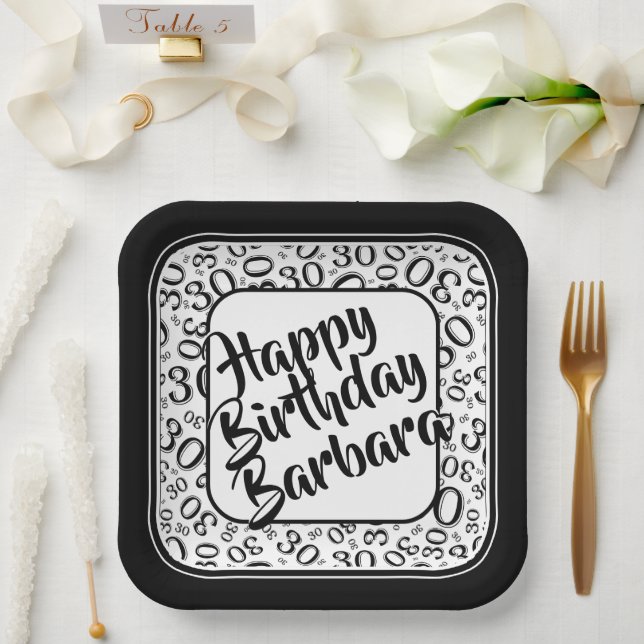 30th Party Random Number Pattern Black/white Paper Plate (Wedding)