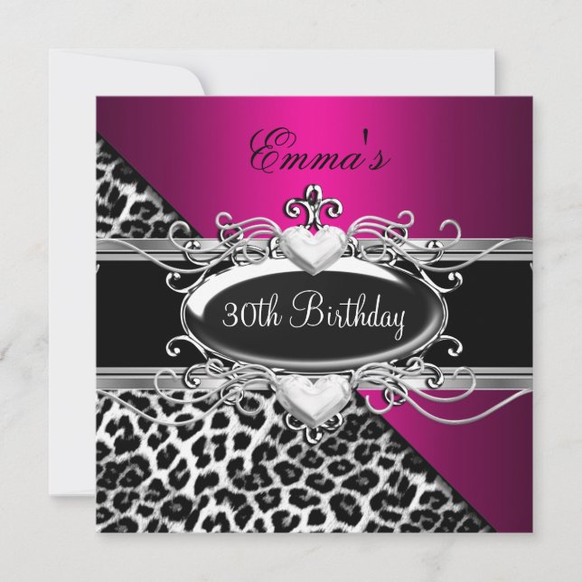 30th Party Silver Pink Black White Leopard Invitation (Front)