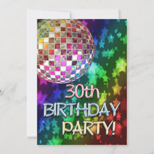 30th party with disco ball and rainbow of stars invitation