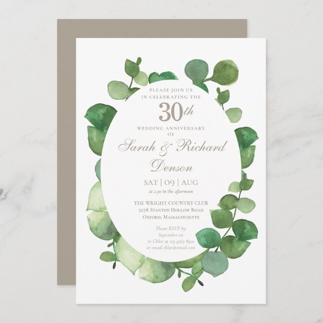 30th Pearl Anniversary Eucalyptus Boho Greenery Invitation (Front/Back)