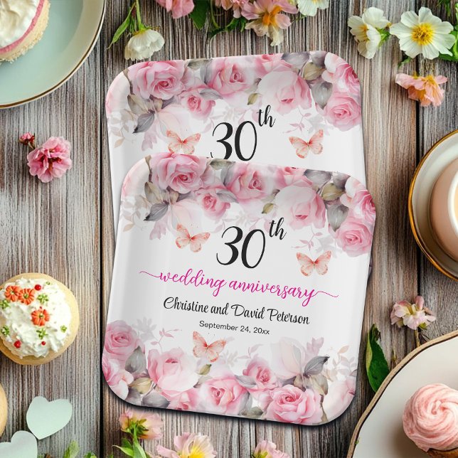 30th Pearl Wedding Anniversary Blush Roses Paper Plate (Creator Uploaded)