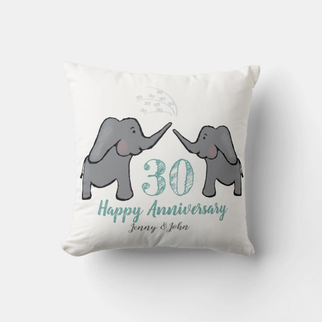 30th pearl wedding anniversary green elephant cushion (Front)