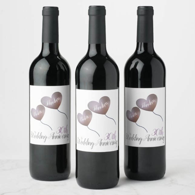 30th pearl wedding anniversary heart balloons wine label (Bottles)