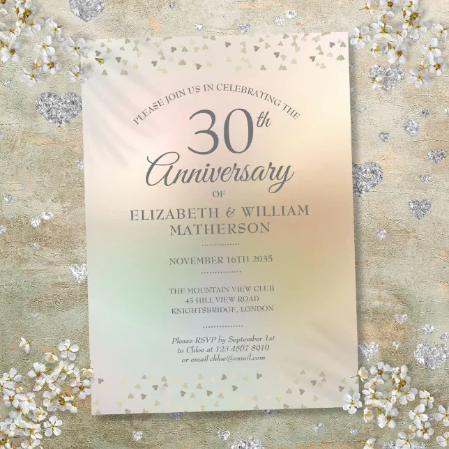 30th Pearl Wedding Anniversary Hearts Confetti Invitation | Zazzle