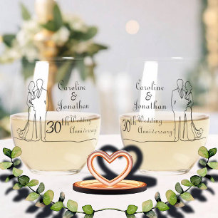 30th Pearl Wedding Anniversary Line Art Couple Stemless Wine Glass