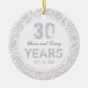 30th Pearl Wedding Anniversary Paisley Monogram Ceramic Ornament