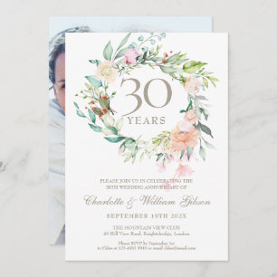 30th Pearl Wedding Anniversary Roses Floral Photo Invitation