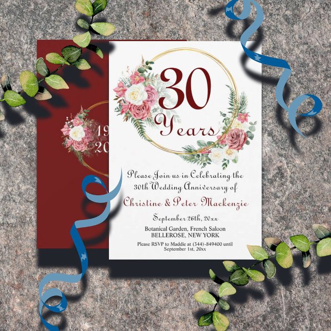 30th Pearl Wedding Anniversary Roses Gold Frame Invitation (Creator Uploaded)
