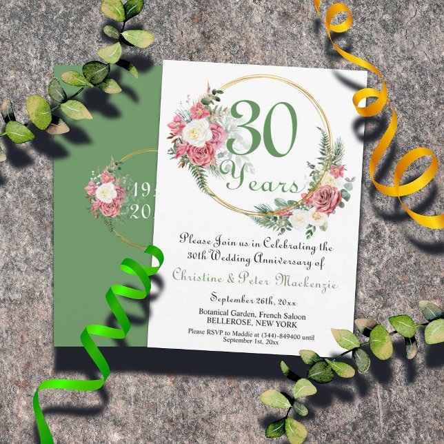 30th Pearl Wedding Anniversary Roses Gold Frame Invitation (Creator Uploaded)