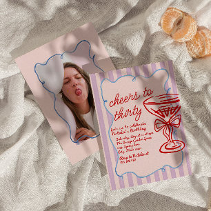 30th Pink Drawn Champagne Glass Fun Photo Birthday Invitation