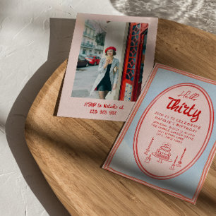 30th Pink Hand Written Drawn Cake Photo Birthday Invitation