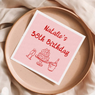30th Retro Hand Drawn Cake Champagne Birthday Napkin