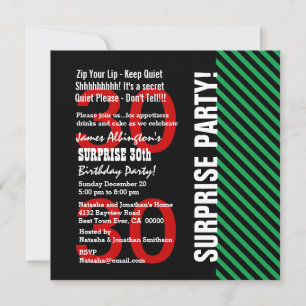 30th Surprise Birthday Black Red Green Stripes V02 Invitation