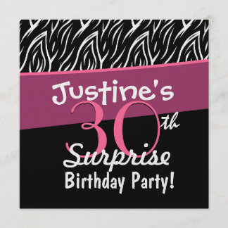 30th Surprise Birthday Black White Pink Zebra W219 Invitation