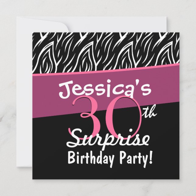 30th Surprise Birthday Black White Pink Zebra X30 Invitation (Front)