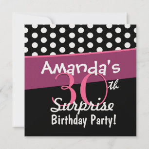 30th Surprise Birthday Black White Polka Dots Pink Invitation