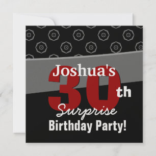 30th Surprise Birthday Black White Red Geometric Invitation