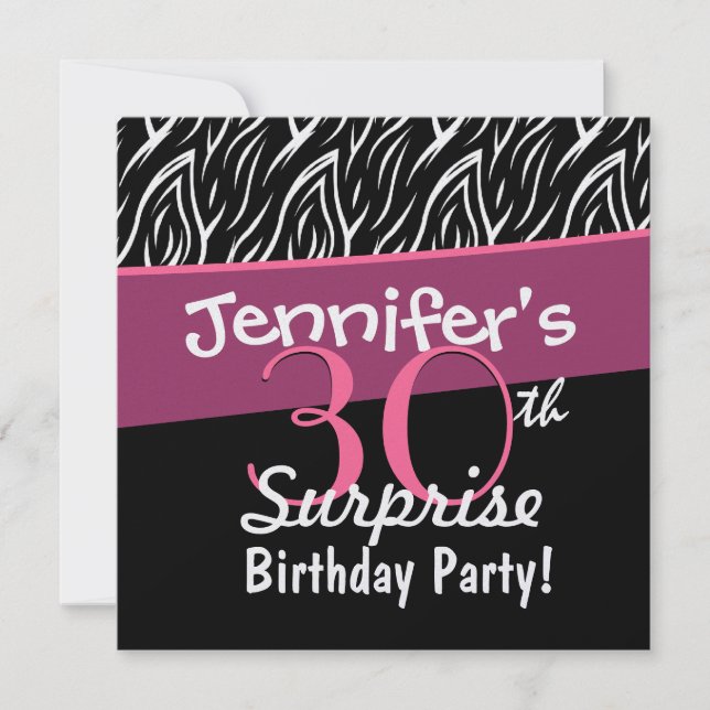 30th Surprise Birthday Black White Zebra Flames Invitation (Front)
