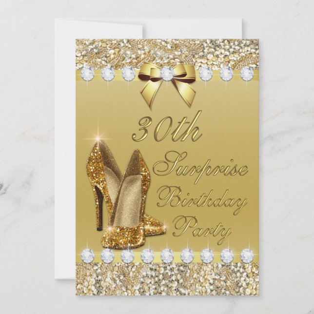 30th Surprise Birthday Gold Heels Sequins Diamonds Invitation (Front)