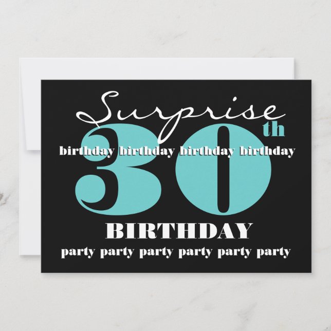 30th SURPRISE Birthday Party Invitation Aqua Black (Front)