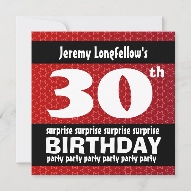 30th SURPRISE  Birthday Party Red Black White B521 Invitation (Front)