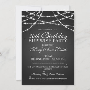 30th Surprise Birthday Party String Stars Black Invitation