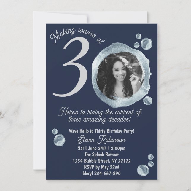 30th Twilight Blue Bubbles Birthday Party Photo Invitation (Front)