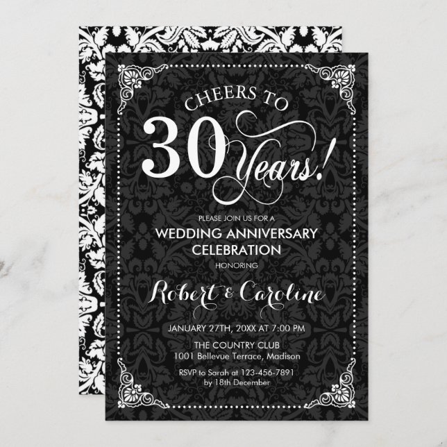 30th Wedding Anniversary - Black White Damask Invitation (Front/Back)