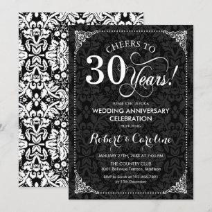 30th Wedding Anniversary - Black White Damask Invitation