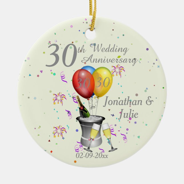  30th Wedding Anniversary Celebration Bubbly Pearl Ceramic Ornament (Front)