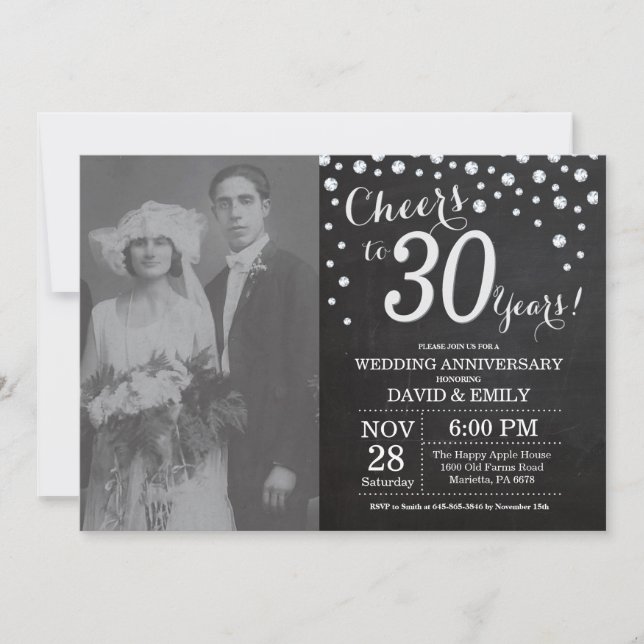 30th Wedding Anniversary Chalkboard Black Silver Invitation (Front)