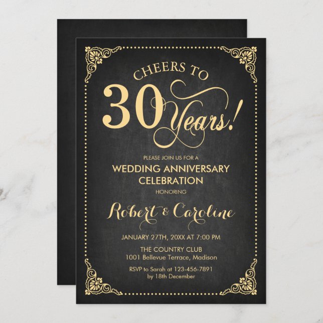 30th Wedding Anniversary - Chalkboard Gold Invitation (Front/Back)