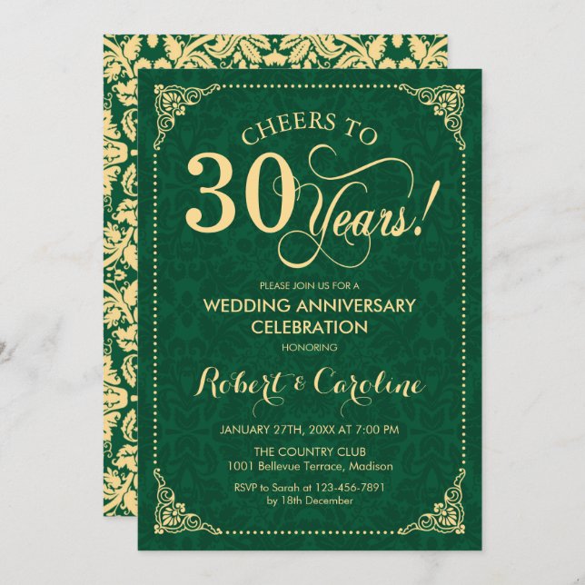 30th Wedding Anniversary Emerald Green Gold Damask Invitation (Front/Back)