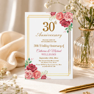 30th Wedding Anniversary Gold Frame Floral Invitation