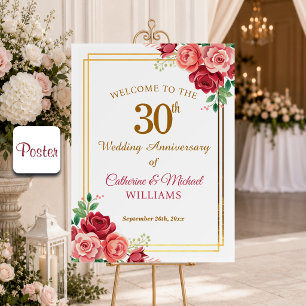 30th Wedding Anniversary Gold Frame Floral Poster