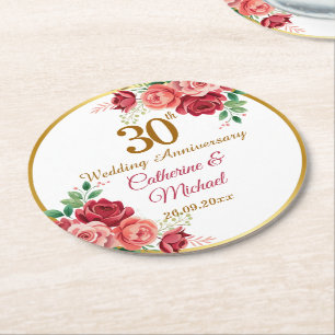 30th Wedding Anniversary Gold Frame Floral Round Paper Coaster