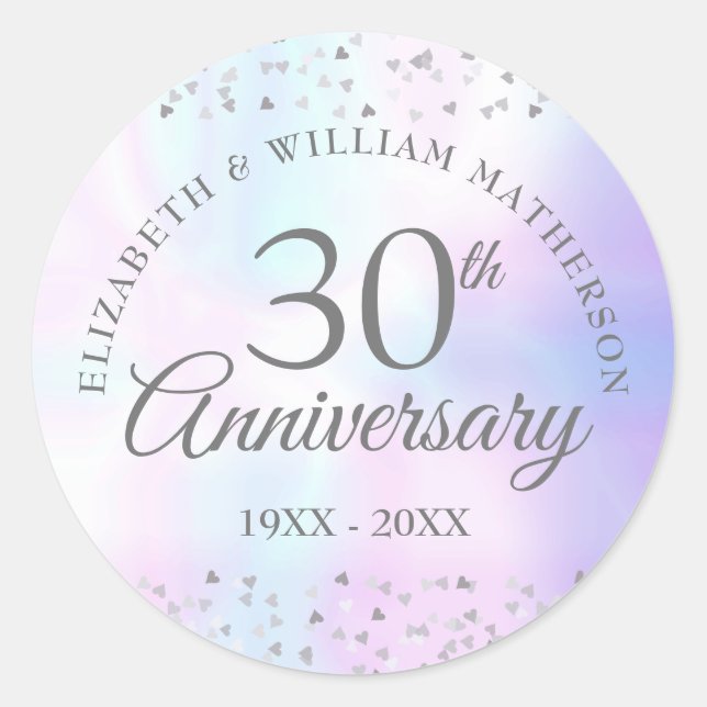 30th Wedding Anniversary Hearts Confetti Pearl Classic Round Sticker (Front)